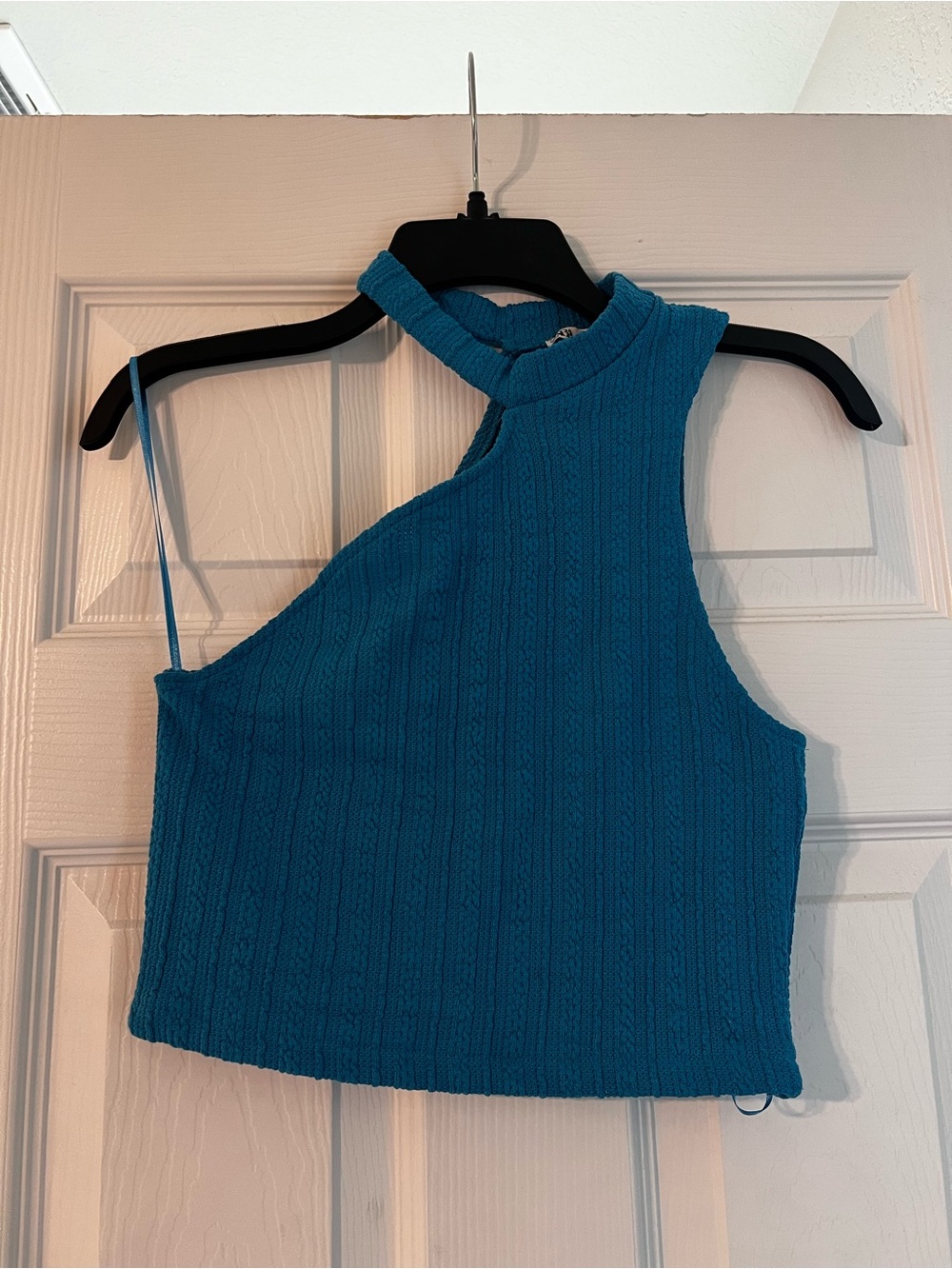 Zara Teal Asymmetric Ribbed Crop Top